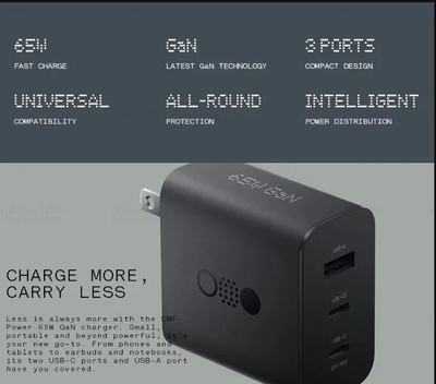 CMF by Nothing 65W Gan Type C 3 Port Wall Charger Adapter, USB C1 65 W, USB C2 45W, USB A 18W, Max Capacity 65 watt Adaptor_img_3